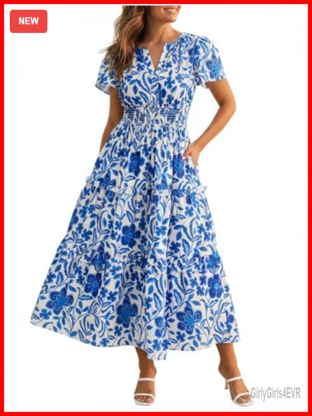 Womens Floral Maxi Dress Short Sleeve V Neck Smocked Tiered Sundress